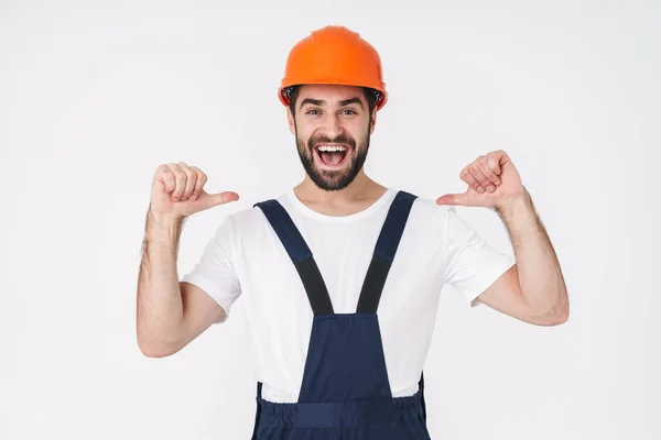 Foto Alegre Constructor Joven Optimista Casco Posando Aislado Sobre Fondo — Foto de Stock