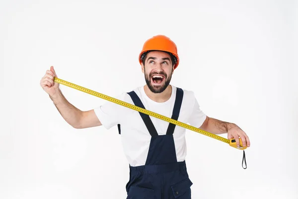 Foto Surpreendido Emocional Jovem Feliz Construtor Capacete Posando Isolado Sobre — Fotografia de Stock