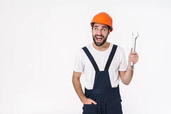 Imagen Del Feliz Constructor Joven Positivo Casco Posando Aislado Sobre — Foto de Stock