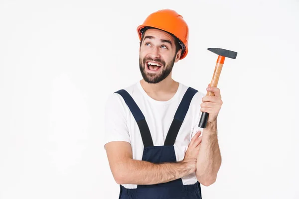 Foto Des Optimistischen Jungen Mannes Bauarbeiter Helm Posiert Isoliert Über — Stockfoto