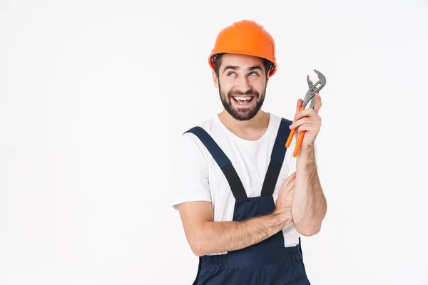 Bild Von Fröhlichen Jungen Mann Bauarbeiter Helm Posiert Isoliert Über — Stockfoto