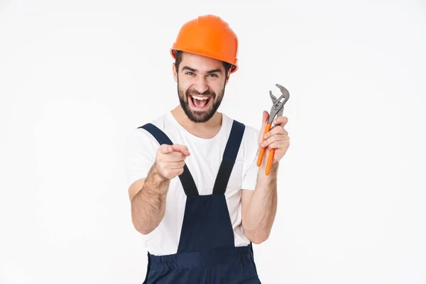 Bild Von Glücklichen Jungen Mann Bauarbeiter Helm Posiert Isoliert Über — Stockfoto