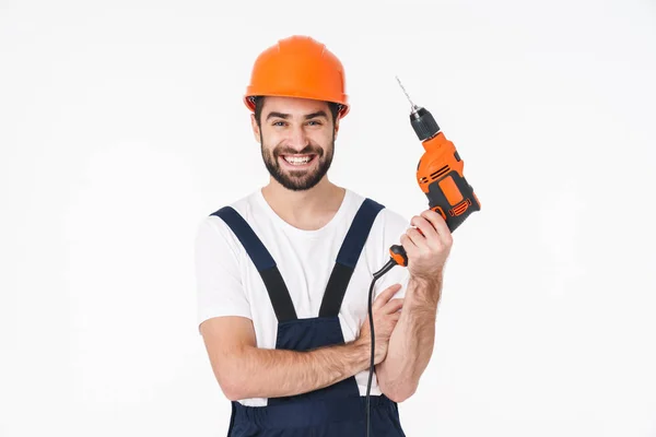 Foto Feliz Constructor Joven Positivo Casco Posando Aislado Sobre Fondo — Foto de Stock