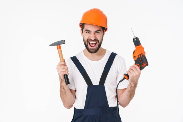 Imagem Jovem Construtor Gritando Capacete Posando Isolado Sobre Fundo Parede — Fotografia de Stock