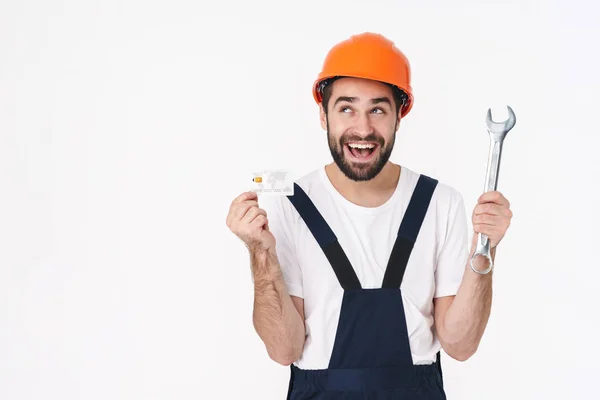 Imagen Del Alegre Constructor Joven Complacido Casco Aislado Sobre Fondo — Foto de Stock