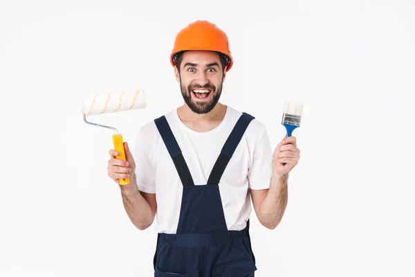 Foto Feliz Constructor Joven Positivo Casco Aislado Sobre Fondo Pared — Foto de Stock