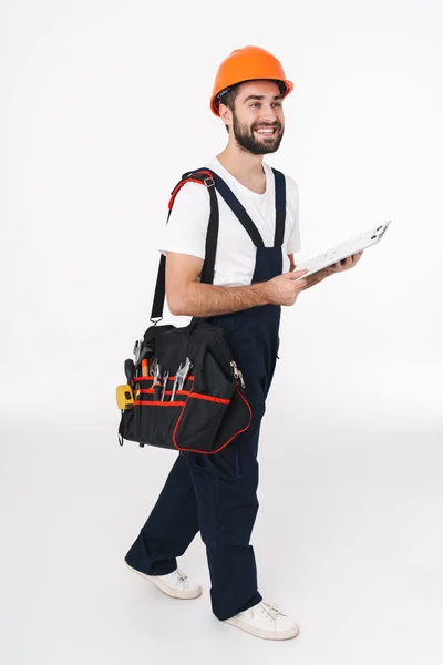 Imagen Del Alegre Joven Constructor Sonriente Casco Aislado Sobre Fondo — Foto de Stock