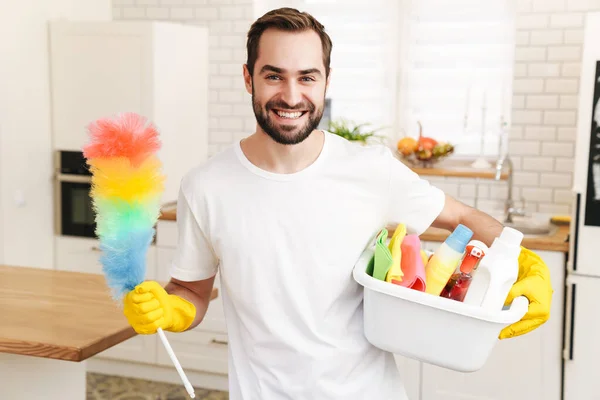 Image Young Optimistic Positive Man Househusband Indoors — Stock Photo, Image