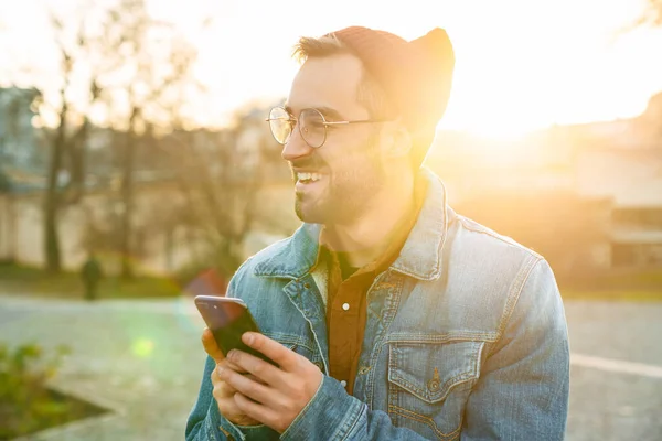 Close Handsome Happy Young Stylish Bearded Man Walking Outdoors Street — Stock Photo, Image