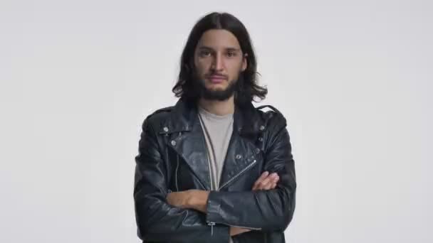 Happy Young Man Long Hair Black Leather Jacket Smiling Crossing — Stock Video