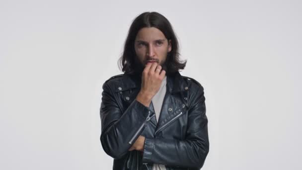 Serious Young Man Long Hair Black Leather Jacket Thinking Something — Stock Video