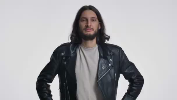 Attractive Young Man Long Hair Black Leather Jacket Nodding His — Stock Video