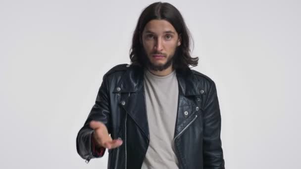 Indignant Young Man Long Hair Black Leather Jacket Showing Time — Stock Video