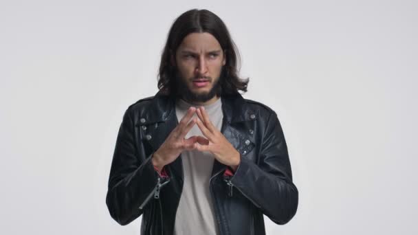 Attractive Young Man Long Hair Black Leather Jacket Plotting Something — Stock Video