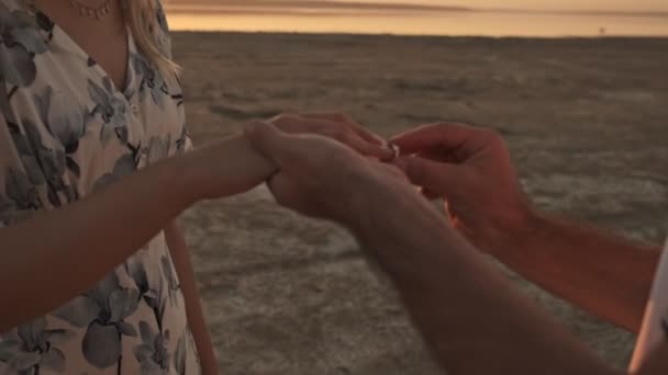男人在湖边阳光明媚的海滩上向女人求婚时戴上戒指的剪影 — 图库视频影像