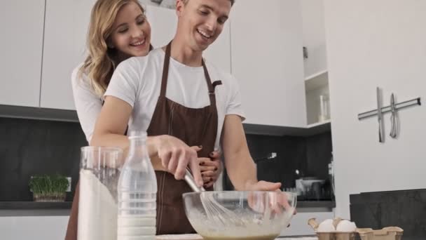 Lovely Young Couple Man Woman Wearing Brown Aprons Making Dough — Stock Video