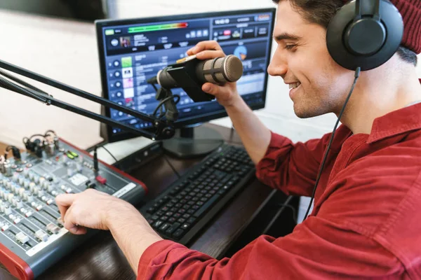 Image Young Happy Caucasian Man Wearing Headphones Working Radio Station — Stock Photo, Image