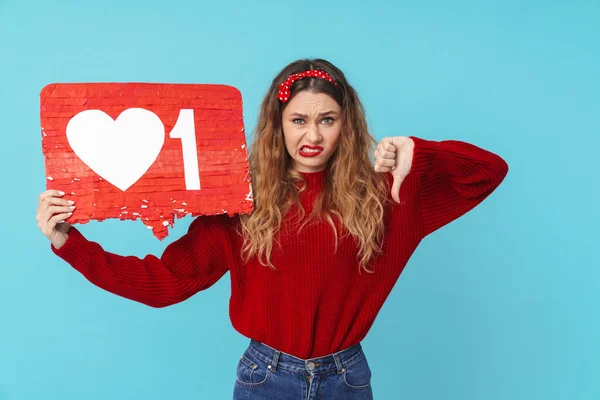 Afbeelding Van Ontevreden Blonde Vrouw Met Plakkaat Duim Naar Beneden — Stockfoto