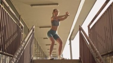 Merdivenlerde çömelme egzersizi yapan konsantre ve güzel spor kadınlarının manzarası.
