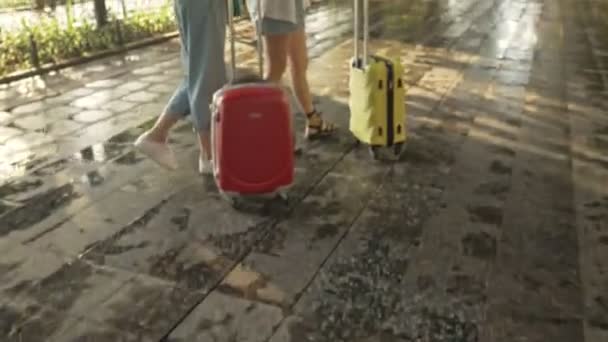 Due Attraenti Giovani Ragazze Turistiche Stanno Scattando Foto Attrazioni Mentre — Video Stock