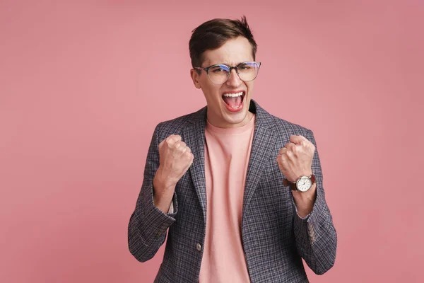 Image Young Emotional Guy Glasses Isolated Pink Wall Background Make — Stock Photo, Image