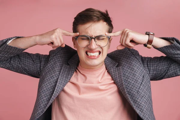 Image Young Stressed Negative Boy Headache Glasses Isolated Pink Wall — Stock Photo, Image