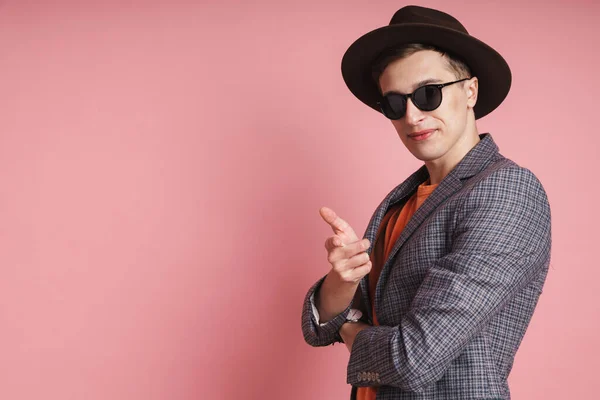 Portrait Attractive Young Man Wearing Jacket Hat Standing Isolated Pink — Stock Photo, Image