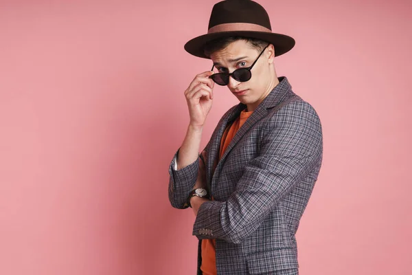 Portrait Attractive Young Man Wearing Jacket Hat Standing Isolated Pink — Stock Photo, Image