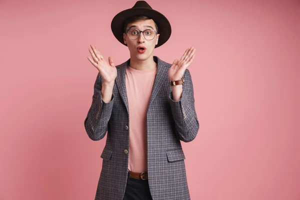 Portrait Attractive Excited Young Man Wearing Jacket Hat Standing Isolated — Stock Photo, Image