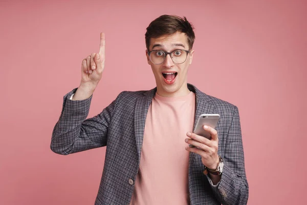 Portrait Young Excited Attractive Man Wearing Jacket Standing Isolated Pink — Stock Photo, Image