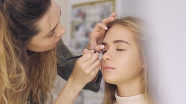 Podglądanie Skoncentrowany Profesjonalny Makijaż Artysta Stosuje Naturalny Makijaż Młodej Miłej — Wideo stockowe