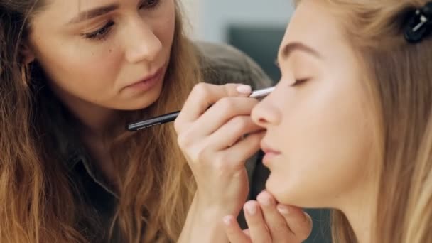 Une Vue Rapprochée Une Belle Jeune Femme Applique Fard Paupières — Video