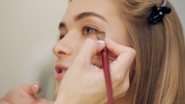 Une Vue Rapprochée Main Maquilleur Applique Une Gentille Fille Maquillage — Video