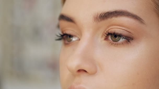 Close View Woman Eyes While Hand Makeup Artist Applying Makeup — Stock Video