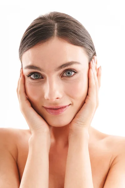 Beauty Portrait Attractive Smiling Young Topless Brunette Woman Standing Isolated — Stock Photo, Image