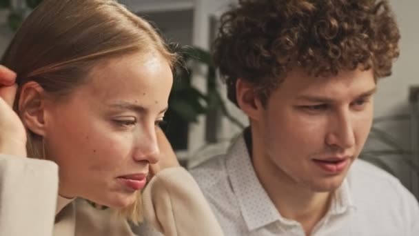 Concentrated Young Business Colleagues Working While Sitting White Cafe — Stock Video