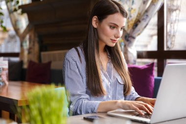 Çekici, düşünceli, esmer kadın kafede otururken dizüstü bilgisayarla çalışıyor.