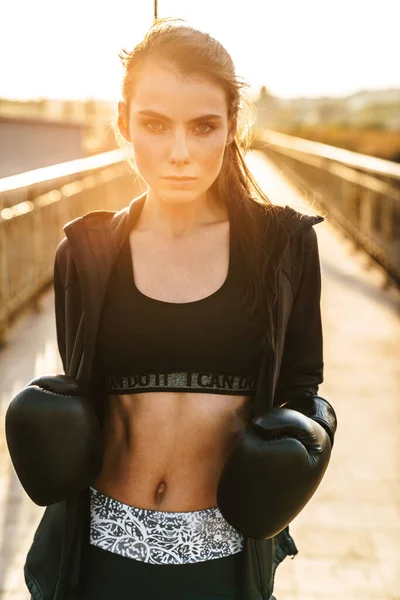 Image Sports Fitness Woman Boxer Gloves Posing Outdoors — 스톡 사진