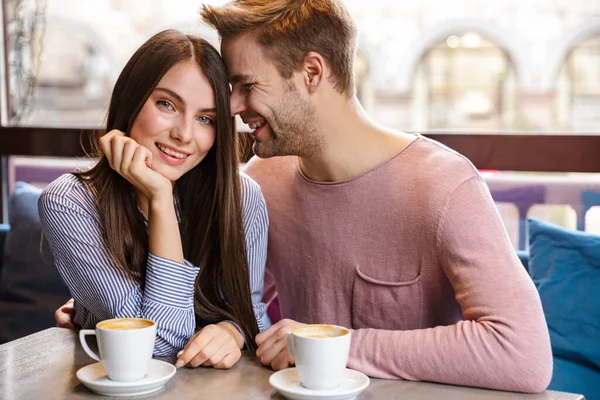 Attractive Young Couple Love Having Lunch Cafe Indoors Drinking Coffee — Stock Photo, Image