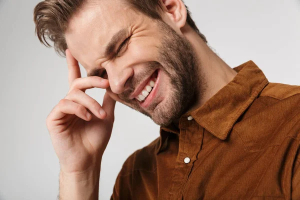 Portrait Cheerful Young Man Wearing Brown Shirt Posing Camera Smiling — Stock Photo, Image