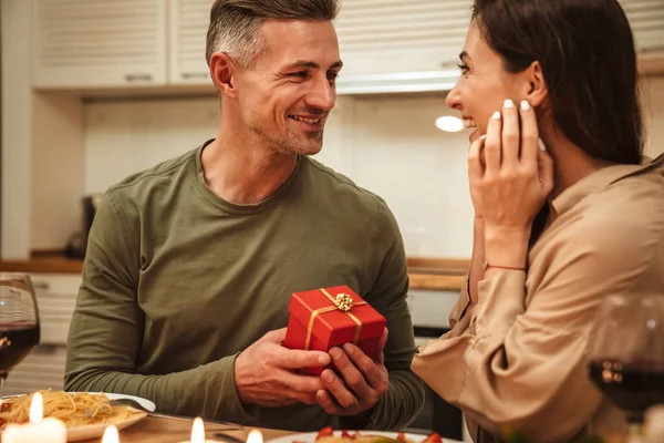 Image Happy Adult Man Giving Present Box His Girlfriend Romantic — Stock Photo, Image