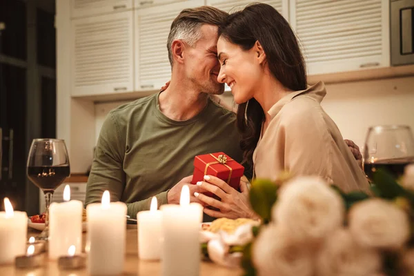 Image Happy Adult Man Giving Present Box His Girlfriend Romantic — Stock Photo, Image