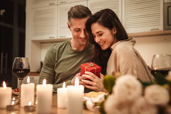 Image Happy Adult Man Giving Present Box His Girlfriend Romantic — Stock Photo, Image