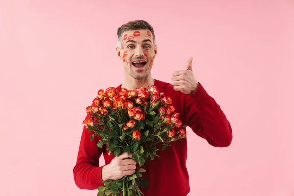 Portrait Handsome Caucasian Man Kiss Marks His Face Holding Flowers — Stock Photo, Image