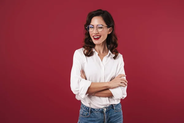 Foto Una Allegra Felice Giovane Donna Incredibile Posa Isolata Sfondo — Foto Stock