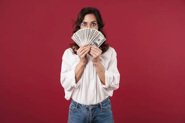 Picture Young Woman Isolated Red Wall Background Holding Money Covering — Stock Photo, Image