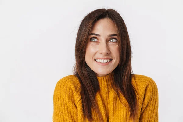 Image Beautiful Brunette Adult Woman Wearing Sweater Smiling Looking Upward — Stock Photo, Image