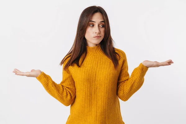 Image Beautiful Brunette Adult Woman Wearing Sweater Hesitating Throwing Hands — Stock Photo, Image