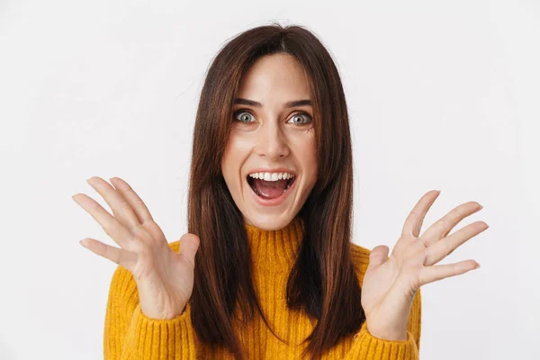 Image Excited Brunette Adult Woman Wearing Sweater Expressing Surprise Gesturing — Stock Photo, Image