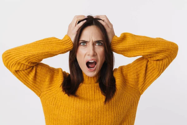 Beeld Van Gestresste Brunette Volwassen Vrouw Dragen Trui Schreeuwen Grijpen — Stockfoto